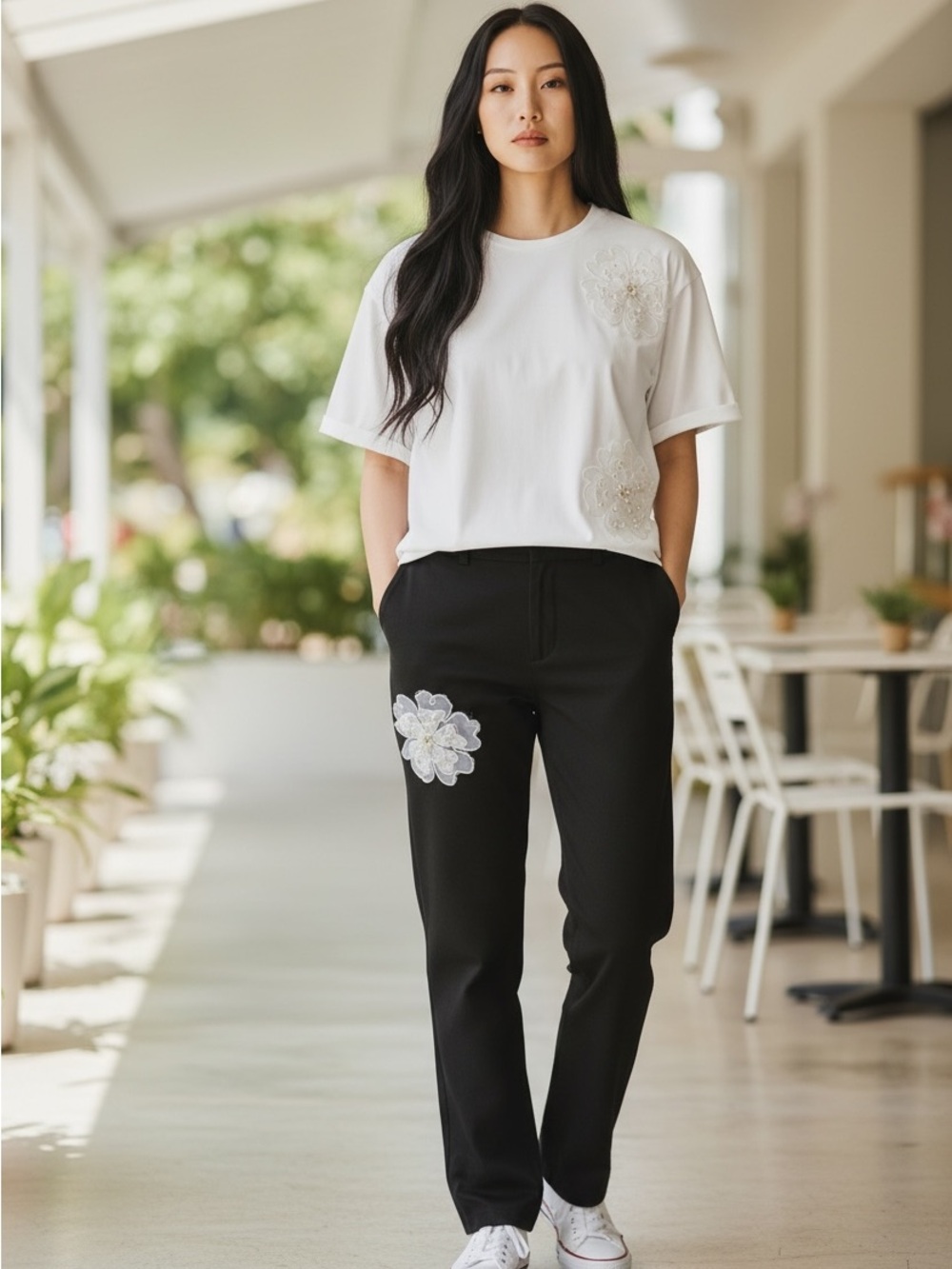 White Short-Sleeve Floral Appliqué Tee